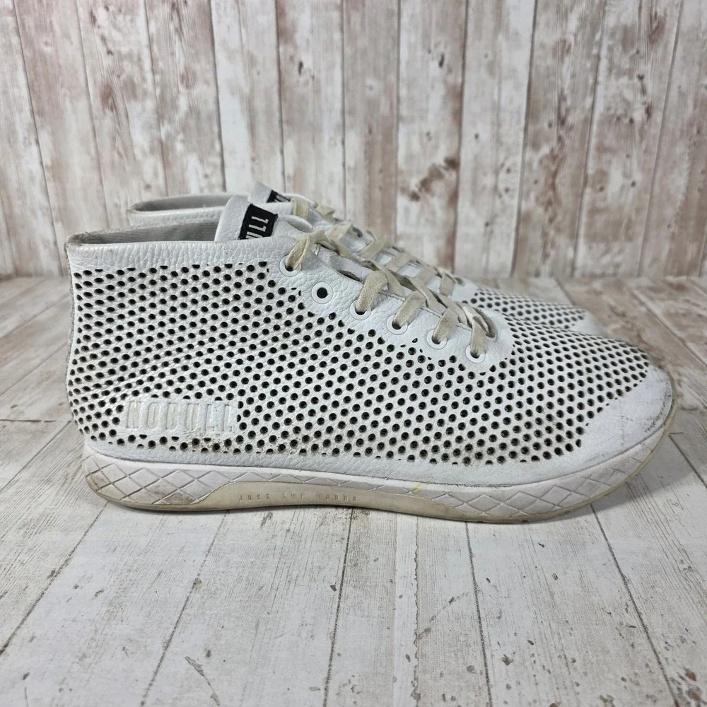 NOBULL Mens Perforated Leather Mid Trainer White Training Shoes Gym Sneaker